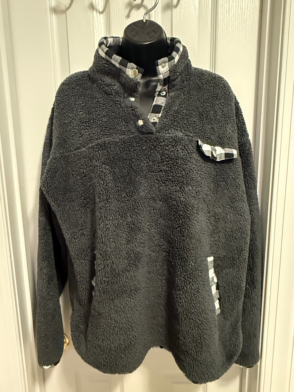 Fuzzy Charcoal Sherpa Pullover with Plaid Trim